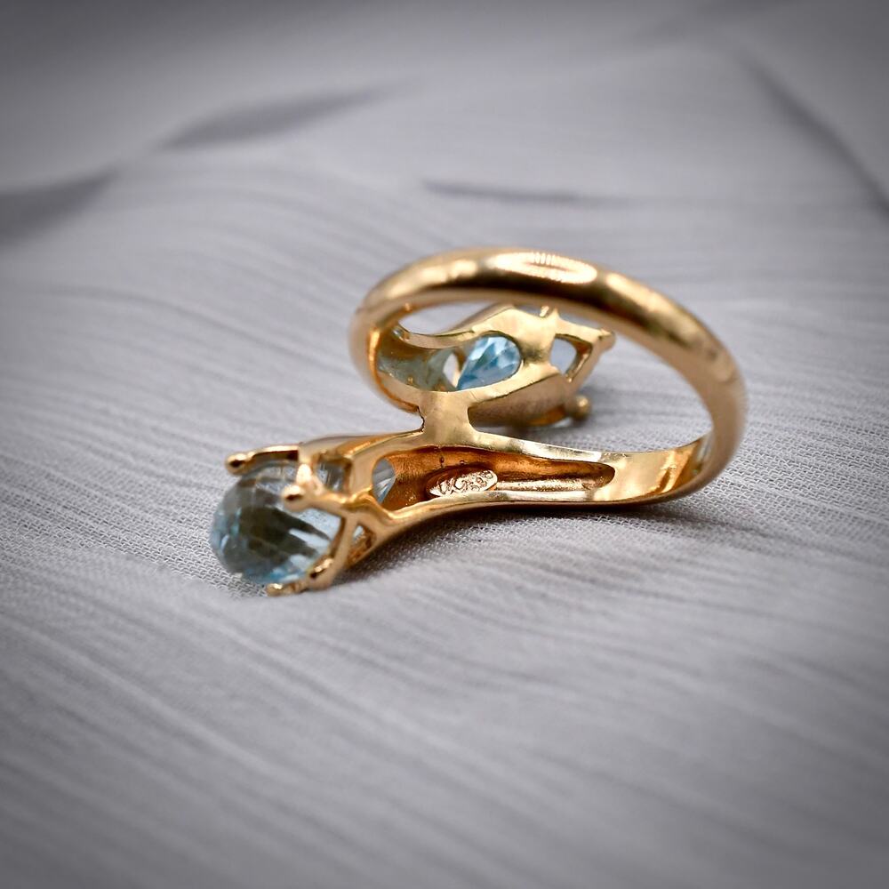 Vintage 14k Gold Blue Topaz Bypass Ring Heavy Retro Pear Cocktail Size 7 - Picture 12 of 14